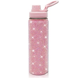 22oz Stainless Steel Bling Crystal Water Bottle Rhinestone Vacuum Insulated Bottle with Spout Lid Reusable Double-Wall Glitter Sport Bottle Gift for Women Girl (Light Pink)