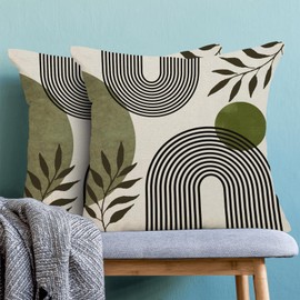 Boho Summer Pillow Covers 20x20 Inch 2 Pcs, Sage Green and Tropical Leaf Outdor Decorative Throw Pillows, Mid Century Abstract Art Farmhouse Decor Pillowcase Linen Cushion Cover for Couch Sofa