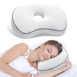 Ear Piercing Pillow for Side Sleepers with an Ear Hole for CNH and Ear Pain Ear Inflammation Pressure Sores, Cotton and Polyester Adjustable Filling Washable and Adjustable Ear Guard Pillow, White