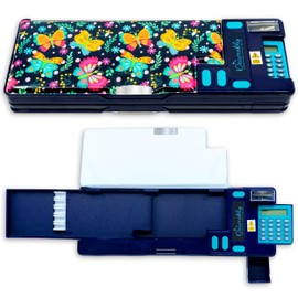 Decorably Multifunctional Butterfly Pop Up Pencil Case with Calculator, Sharpener, Pen Slots and Mini Drawer - Multifunctional Pencil Case with 2 Main Compartments - School