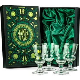 Vintage Crystal Absinthe, Sambuca, Raki, Pastis, Ouzo Glasses | Set of 4 | Short Stemmed 6.5 oz Goblets with Bubble Reservoir for Drinking Green Fairy | Handblown Small Wine Bistro Glassware