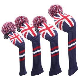 Golf Head Covers Knitted Pom Pom 460cc Golf Driver Fairway Hybrid Club Head Protector, Golf Club Wood Headcovers (UK Flag)