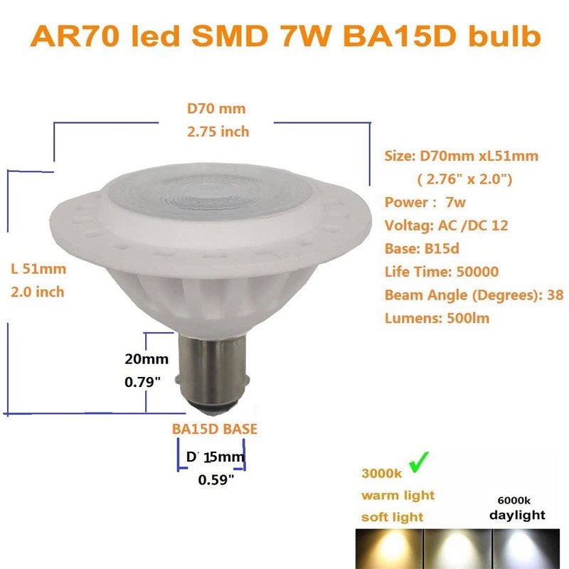 QLEE LED Ar70 Ba15d Spotlight 7w Ac Dc 12v Base