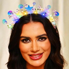 Flimire Light up Starfish Headband Led Mermaid Headbands Glow Seashell Hair Hoop Beach Party Costume Hair Accessories for Women (White, One Size)