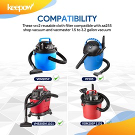 KEEPOW VRC2 Cloth Filter Compatible with Vacmaster 1.5 to 3.2 Gallon Wet/Dry Vacuums, Also Compatible with Shop Vac AA155 AA256 AA255, 10 Pack