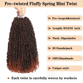 10 Packs Yanky Twist Crochet Hair 16 Inch Pre-twisted Natural Black Kinky Mini Spring Twist Small Curly Senegalese Twist Braids Yankee Twist (T350(Ombre Ginger Red), 16 Inch (Pack of 10))