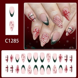 Christmas Press on Nails Medium Almond Fake Nails Press ons with Red Bow,Candy Cane & Green Glitter French Design,24Pcs Holiday Nail Art Set with Nail Sticky Tab for Women Manicure,Reusable,Easy Apply