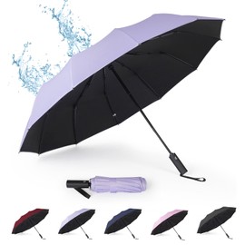 LORISKORS Paraguas Plegable de Automático, Sombrilla para Sol Mujer, Resistente al Viento e Impermeable, Paraguas de Protección Anti-UV para Lluvia y Día Soleado, con 12 Varillas, Ligero y Compacto para Usar de Una Sola Mano (Púrpura)