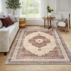 LIVEBOX Oriental Rugs for Living Room, Terracotta Washable Rug 6x9, Non-Slip Ultra-Thin Area Rug for Bedroom Low Pile Boho Indoor Floor Carpet Accent Dining Room Rug for Office