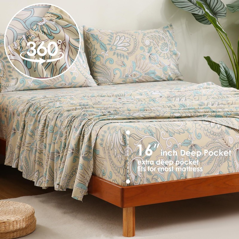 JSD Beige Paisley Cotton Sheet Set Queen Size, 300 TC