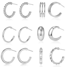 6 Pairs White Gold Hoop Earrings for Women Pack - Small Hoop Earrings Set - Womens Earrings -White Gold Earrings for Women - Thick Silver Earring Set-Chunky Hoops - Wide Hoop Earrings for Women