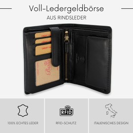 Baur Men's Genuine Leather Wallet with RFID Protection Large Wallet Portrait Format Wallet with Coin Compartment Wallet, black, Portrait format with press stud inside