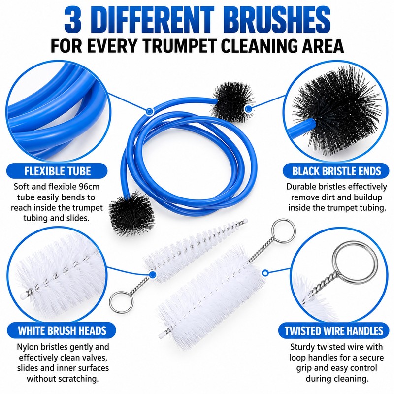 3-Piece Trumpet Cleaning Brush Kit for Instrument Maintenance – Manual