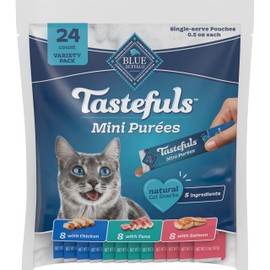 Blue Buffalo Tastefuls Mini Purées Natural Cat Treats, Chicken, Tuna, Salmon Variety Pack, 0.5 oz. Single Servings, 24-Count
