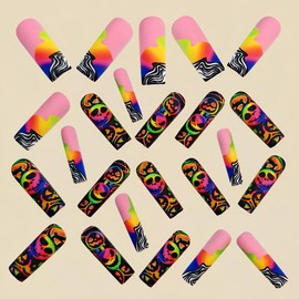 Hallowee Press on Nails Long Fake Nails Square False Nails with Colorful Ghost Spider Web Designs Artificial Nails for Women 24pcs