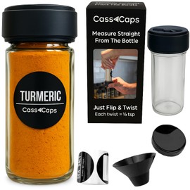 CassCaps Glass Spice Jars & Measuring Cap Set - Twist to Dispense 1/4 Tsp Per Turn for Precise Cooking - Spice Jars with Lids Keep Kitchen Organized & Tidy - Enjoy Round Spice Jar Without Mess -1 Pack
