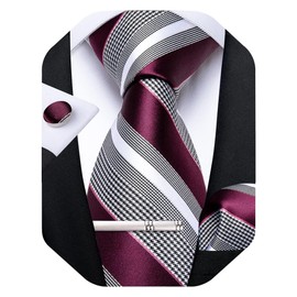 DiBanGu Mens Striped Tie Silk Woven Necktie and Pocket Square Cufflinks Tie Clip Set Wedding Business Formal, Burgundy and Grey