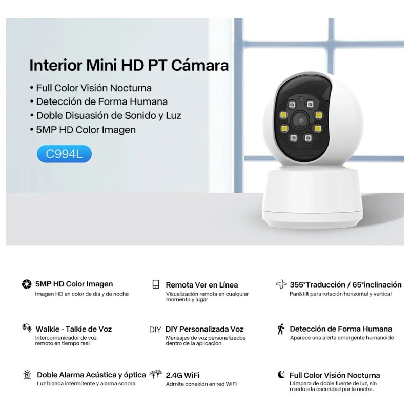 Cámara Seguridad 5mp*355°wifi Hd Led Monitoreo Llamadas Voz