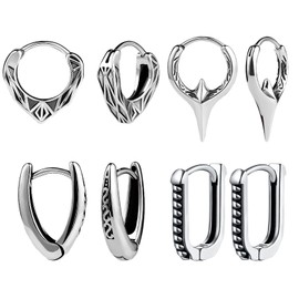 Flonge Viking Geometric Hoop Earrings: 4 Pairs Punk Stainless Steel Earrings Three-dimensional Geometric Hoop Earrings Vintage Jewellery Gift for Men