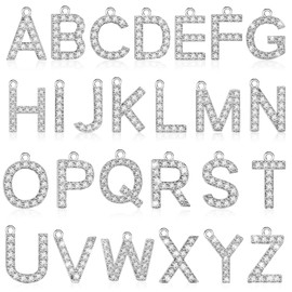 26PCS Rhinestones A-Z Alphabet Letter Charms 18K Gold Filled Initial Alphabet Pendants for Making Jewelry Trendy Glitter Crystal Letter Beads for DIY Bracelet Necklace Earrings Choker Craft (Silver)