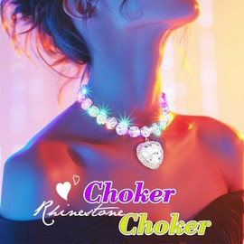 JEWEKY Light Up Crystal Choker Necklace Jewelry Silver Sparkly Heart Pendant Rhinestone Necklaces Led Rave Prom Neck Chain for Women, One Size, Metal, Rhinestone