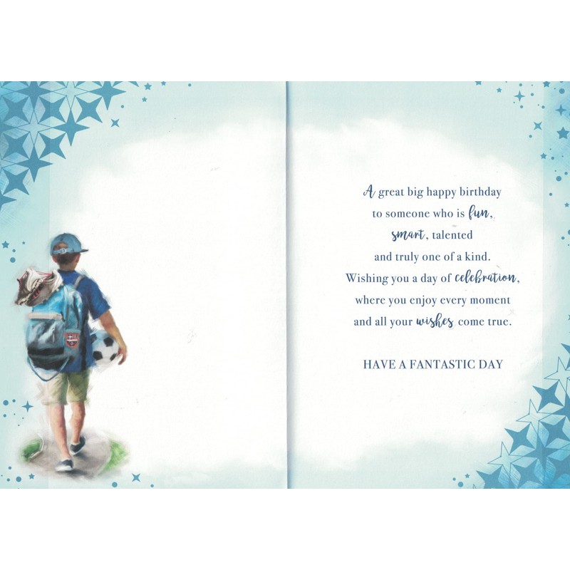 Great grandson birthday card. Boy with backpack. 8 x 5