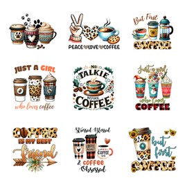 9pcs Coffee Flower Iron On Decals Thermal Transfer Stickers for Clothing Appliqued Sublimation Patches Iron On Transfer Designs Heat Press Vinyl for Shirts Pillow Covers