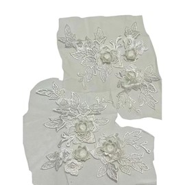 Lomjuytg 1pcs Fine Lace Fabric Patches Embroidered Trim Applique Decor 3D Flower Embroidered Lace Appliques Handmade Wedding Dress Decoration-White