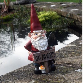 Grumps Traditional Garden Gnome with Red Hat Holding Sign Saying "Go Away!". 20 cm tall