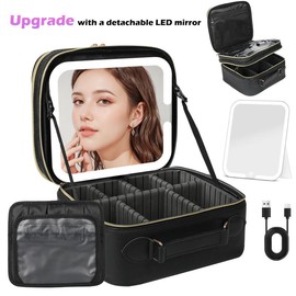 Behaesty Portable Makeup Bag with 3-Color LED Detachable Mirror 2000mAh USB Rechargeable Waterproof PU Leather Organizer Compact Travel Cosmetic Pouch:_Double layer Black (removed mirror)