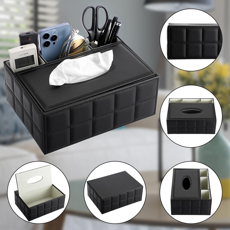 BTSKY PU Leather Household Office Rectangular Tissue Box with Remote
