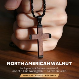 REVEMCN Wooden Cross Necklace for Men Boys - Black Walnut & Stainless Steel Christian Wood Crucifix Pendant with 18-24" Rolo Chain, Inspirational Jewelry Graduation Birthday Gift for Teen Boy Son Dad (B - Black Walnut, 22+2)