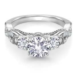 Gem Stone King 925 Sterling Silver White Created Sapphire White Lab Grown Diamond and White Moissanite Engagement Ring For Women (1.47 Cttw, Gemstone September Birthstone, Round 6MM and 3MM) (Size 7)