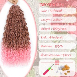 WoWCFyyds 24Inch Deep Wave Twist Curly Crochet Hair Extensions Pack Deep Wavy Air Curl Bulk Hair Synthetic Boho Braids Water Wave Crochet Hair Extension for Women (T30/pink, 24Inch-6Pack)