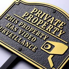 Morgtta Private Property - This Property Has Video Surveillance Statement Plaque,Home Security Camera Sign with Stakes, Heavy-duty Material, Golden Embossed Letters, 11.5"×7.5” with 31.5" Post