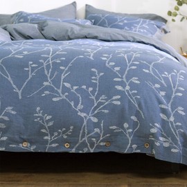 OREISE Duvet Cover Set King Size Washed Cotton Yarn, Jacquard Blue and White Thick Branch Pattern Floral Style 3Piece Bedding Set
