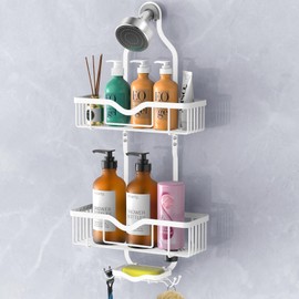 Kadolina Shower Caddy Hanging, Bathroom Shower Organizer, Shower Rack with Soap Dish, Over The Shower Head Caddy with Hooks for Razor/Sponge, Soft White (Assembly Required)