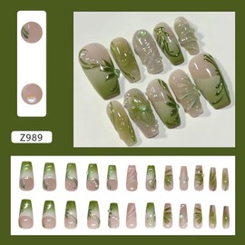 Handmade 3D Press on Nails Medium Long Coffin Flower Fake Nails with Designs Green French Tip False Nails Gel Acrylic Nails Long Glue on Nails Summer Spring Cherry Stick on Nails for Women 24Pcs
