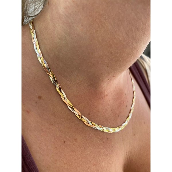 Handmade 925 Silver Tri-Color Yellow Rose Gold Plated Twisted Braided
