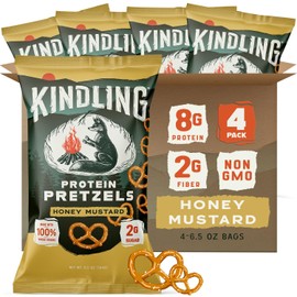 Kindling Protein Pretzels - Honey Mustard | Protein-Packed Snack | Kosher | 8 - 9g Protein Per Serving | Only 1-2g of Total Sugar | No Artificial Flavors, Soy-Free | Kid’s Snacks & Lunches, Office Snacks, & On-the-Go | 4-Pack (6.5oz Bags)