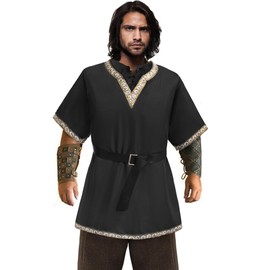 TOGROP Mens Medieval Costume Viking Pirate Tunic Knight Warrior Renaissance Shirts with Belt Black L