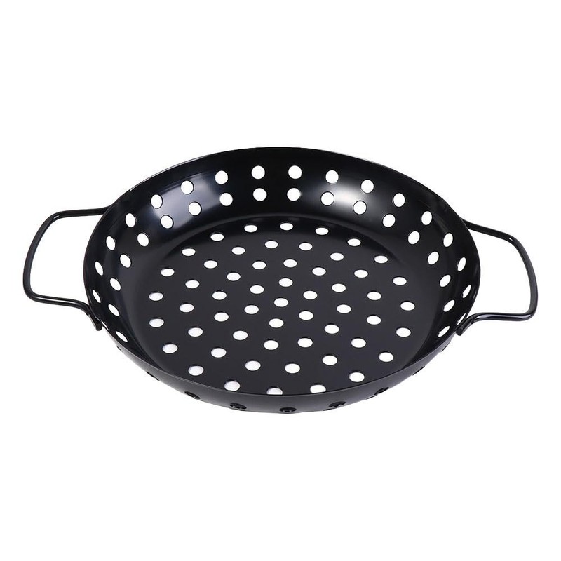 Round Grill Wok with Handle,Carbon Steel Grill Pan With Holes,Non-Stick