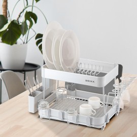 Brikk 2 Tier Aluminum Large Dish Rack with Cutlery Drainer, Removable Wooden Knife Block, Wine Glass Holder, Cup Holder, and 360° Swivel and Extendable Drainboard, Detachable Upper Tier, Stainless