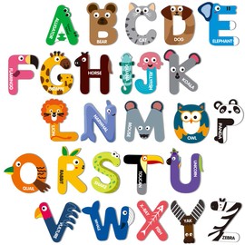 26Pcs Fridge Magnet Letters Toys Fun Cartoon Animals Magnetic Uppercase Letters Preschool Learning Spelling Games Large Alphabet Educational Toy Set for Toddler Kids Over 3 Years Old
