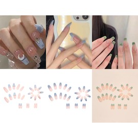 NIUANIUA Nail Tip, Popular, Japanese Style, Bride Nail, Shiny, False Nails, Cute, Round Tip, Fashion, 3D Nail Tip, Long, Nail Tip, 12 Sizes, 72 Pieces (Gradient Blue)