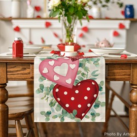 Artoid Mode Eucalyptus Polka Dot Hearts Valentine's Day Table Runner, Holiday Kitchen Dining Table Decoration for Home Party 13x90 Inch