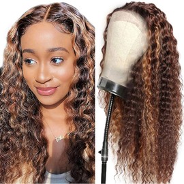 AiPliantfis Curly Wave Human Hair Wig Brown Echthaar Perücke Damen 4X1 Lace Glueless Wig Wear and Go P430 Highlight Pre Plucked 150% Density Unprocessed Brazilian Remy Hair 24 Zoll