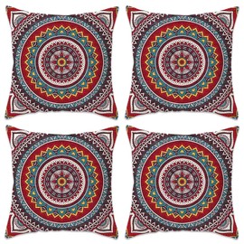 Betadistor Sofa Cushion Covers 45cm x 45cm Set of 4 Bohemian Style Decorative Throw Pillow Covers 18 x18 Inch Linen Square Exotic Pillow Cases for Couch Bedroom Home Office, Red Circle, 513-0257