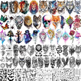 66 Sheets 3D Watercolor Animals Owl Lion Temporary Tattoos For Women Men Adults, Black Wolf Tiger Tattoo Sticker Kids Snake Eagle, Bulk Temp Realistic Fake Tattoos That Look Real And Last Long