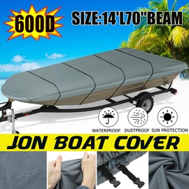 JAMESVAN Jon Boat Cover,14ft 600D Heavy Duty Trailerable Jon Boat Cover,Waterproof Sun Protection Jon Boat Cover with Strap System,Fits 14ft Jon Boat Beam Width up to 70 inch,Grey